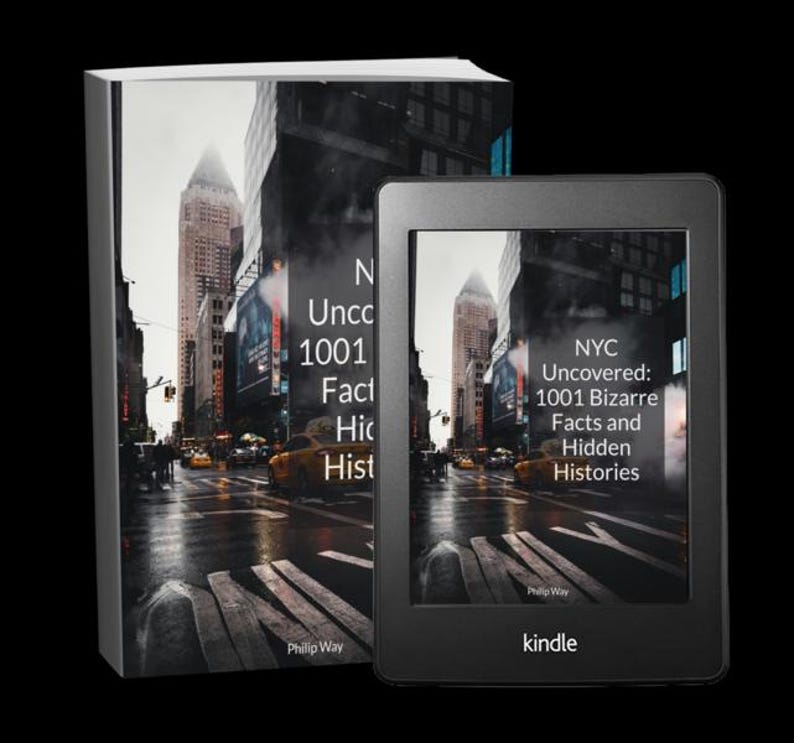 May include: A hardcover book and a Kindle e-reader display the cover of "NYC Uncovered: 1001 Bizarre Facts and Hidden Histories." The book and e-reader feature a cityscape image with text. The Kindle is black with the brand name "kindle" at the bottom.