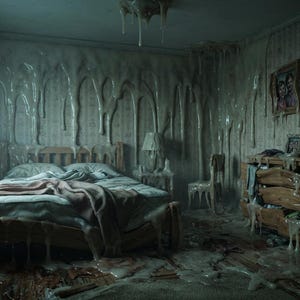 May include: A bedroom interior featuring a wooden bed frame, a dresser, and a chair, all covered in a thick, viscous, light-coloured substance dripping from the walls and ceiling. The room contains framed pictures and a window with heavy residue.