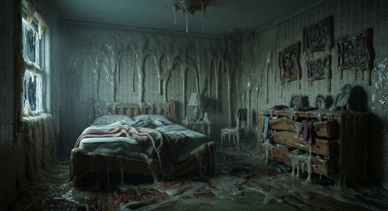 May include: A bedroom interior featuring a wooden bed frame, a dresser, and a chair, all covered in a thick, viscous, light-coloured substance dripping from the walls and ceiling. The room contains framed pictures and a window with heavy residue.