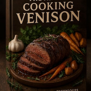 May include: A cookbook titled "The Art of Cooking Venison" with a dark brown cover. The image features a sliced venison roast, carrots, potatoes, and garlic, arranged on a wooden platter. Text on the cover reads "Delicious Recipes and Techniques for Perfect Venison Every Time."