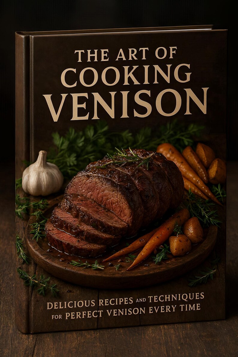 May include: A cookbook titled "The Art of Cooking Venison" with a dark brown cover. The image features a sliced venison roast, carrots, potatoes, and garlic, arranged on a wooden platter. Text on the cover reads "Delicious Recipes and Techniques for Perfect Venison Every Time."