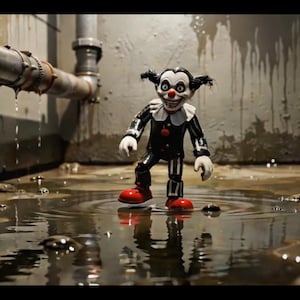 Op de afbeelding: Een kleine clownspop met een wit gezicht, zwart haar en een rode neus, gekleed in een zwart-wit outfit met een geplooide kraag. De pop staat in een ondiepe plas water, met felrode schoenen en een dreigende gezichtsuitdrukking.