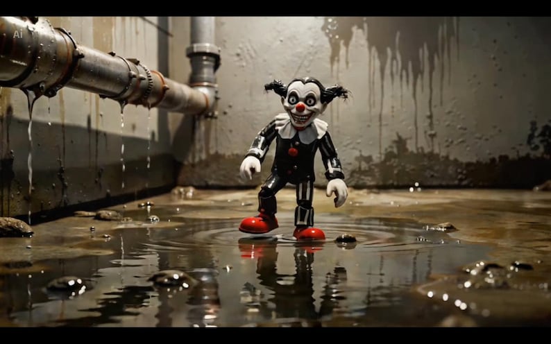 Op de afbeelding: Een kleine clownspop met een wit gezicht, zwart haar en een rode neus, gekleed in een zwart-wit outfit met een geplooide kraag. De pop staat in een ondiepe plas water, met felrode schoenen en een dreigende gezichtsuitdrukking.