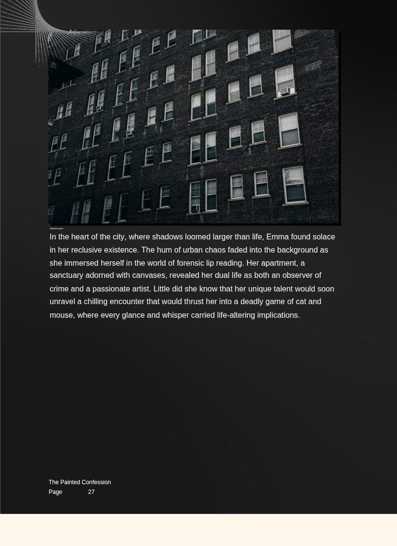 Może przedstawiać: Zdjęcie ciemnego budynku z cegieł z wieloma oknami. Tekst "The Painted Confession" i "Page 27" znajdują się na dole. Obraz jest ustawiony na ciemnym tle.