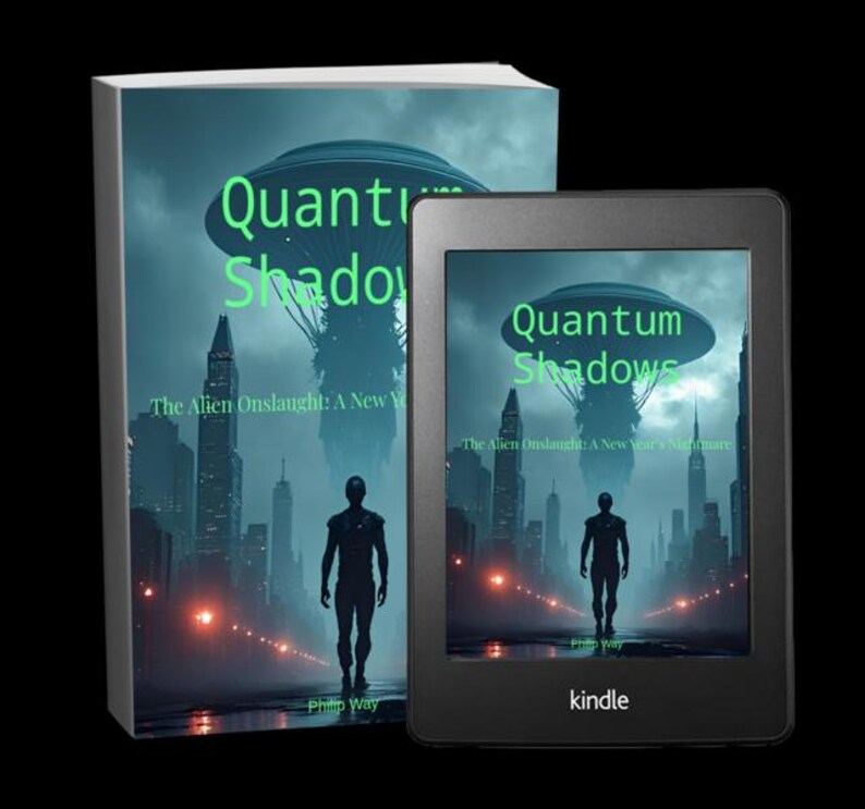 May include: A book and a Kindle e-reader display the cover art for "Quantum Shadows." The cover features a futuristic cityscape with a silhouetted figure and a UFO. The book's title is in green, and the e-reader is black.