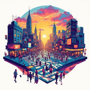 May include: An artistic illustration of a bustling city street scene. The image features a vibrant sunset with a multitude of people crossing a crosswalk. Buildings line the street, and the overall color palette includes blues, oranges, and purples.