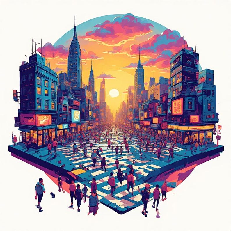 May include: An artistic illustration of a bustling city street scene. The image features a vibrant sunset with a multitude of people crossing a crosswalk. Buildings line the street, and the overall color palette includes blues, oranges, and purples.