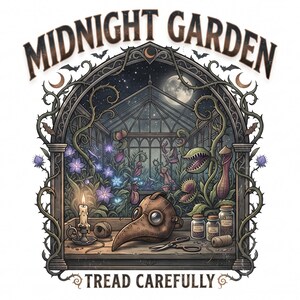 Pu&ograve; includere: Un'illustrazione grafica intitolata MIDNIGHT GARDEN e TREAD CAREFULLY che mostra una maschera da medico della peste, una candela accesa, barattoli di vetro e forbici all'interno di una cornice a serra ad arco con fiori viola e piante carnivore.