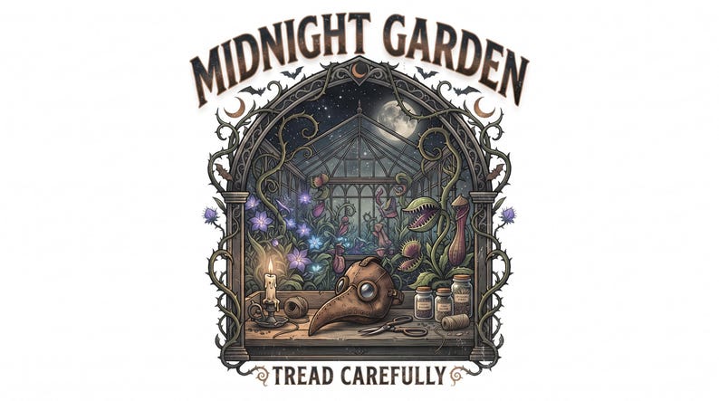Pu&ograve; includere: Un'illustrazione grafica intitolata MIDNIGHT GARDEN e TREAD CAREFULLY che mostra una maschera da medico della peste, una candela accesa, barattoli di vetro e forbici all'interno di una cornice a serra ad arco con fiori viola e piante carnivore.