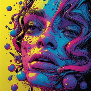 May include: A striking pop art portrait of a face, rendered in vivid colours. The artwork features a palette of yellow, pink, blue, and purple. The face is detailed with expressive eyes and lips, set against a yellow backdrop. Spherical shapes are scattered around the face.
