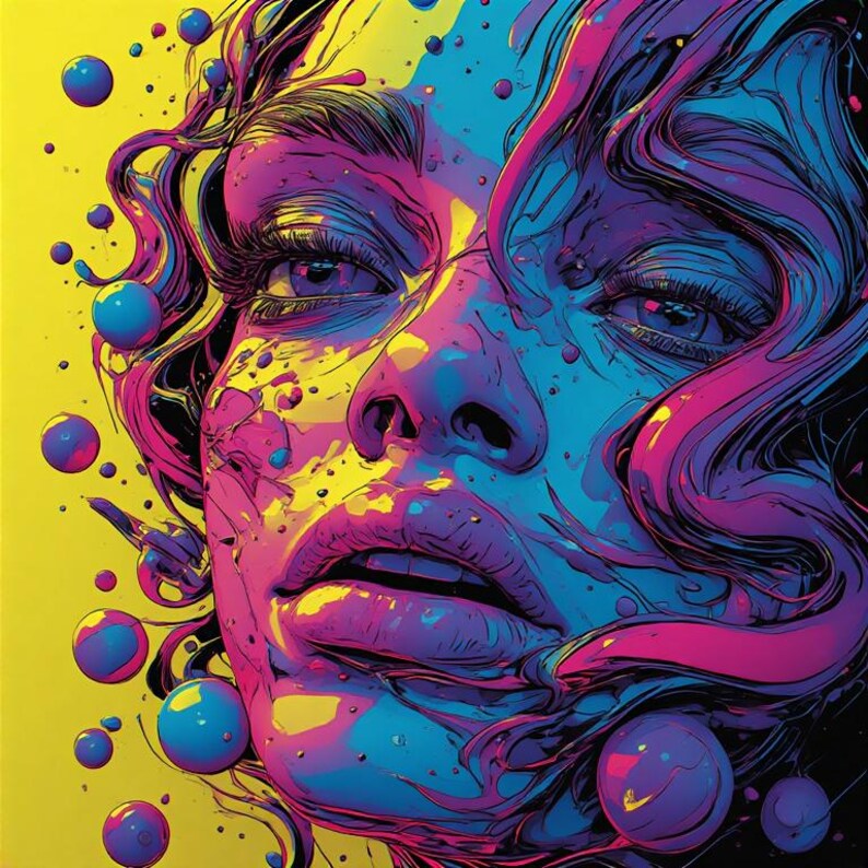 May include: A striking pop art portrait of a face, rendered in vivid colours. The artwork features a palette of yellow, pink, blue, and purple. The face is detailed with expressive eyes and lips, set against a yellow backdrop. Spherical shapes are scattered around the face.