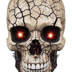 K&ouml;nnte beinhalten: Eine detaillierte Totenkopfskulptur mit rissiger, gealterter Erscheinung. Die Augenh&ouml;hlen leuchten hellorange, und die Z&auml;hne sind wei&szlig;. Der Sch&auml;del hat eine hellbeige Farbe mit dunklen Rissen auf der Oberfl&auml;che.