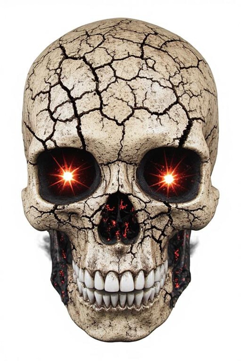 K&ouml;nnte beinhalten: Eine detaillierte Totenkopfskulptur mit rissiger, gealterter Erscheinung. Die Augenh&ouml;hlen leuchten hellorange, und die Z&auml;hne sind wei&szlig;. Der Sch&auml;del hat eine hellbeige Farbe mit dunklen Rissen auf der Oberfl&auml;che.