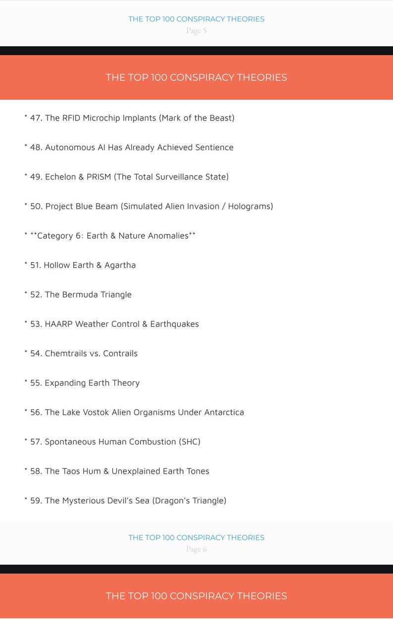 以下が含まれることがあります： 「THE TOP 100 CONSPIRACY THEORIES」というタイトルのコーラルカラーのヘッダーが付いた文書ページ。RFIDマイクロチップインプラント、プロジェクト・ブルービーム、地球空洞説、HAARP、バミューダトライアングルなどのトピックを含む、47から59までの項目がリストされています。