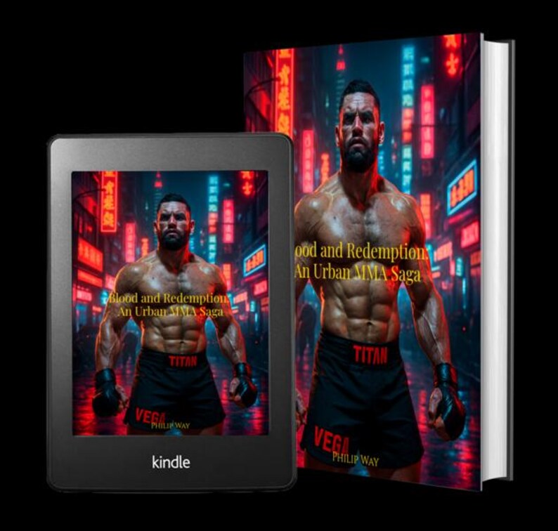 Może przedstawiać: Książka i czytnik Kindle wyświetlające okładkę "Blood and Redemption: An Urban MMA Saga". Okładka przedstawia umięśnionego mężczyznę w miejskim otoczeniu z neonami. Kindle jest czarny i wyświetla ten sam obraz.