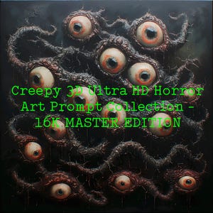 May include: A dark, textured artwork featuring multiple grotesque, bloodshot eyes with detailed veins and dark, organic tendrils. The green text reads "Creepy 3D Ultra HD Horror Art Prompt Collection - 16K MASTER EDITION."