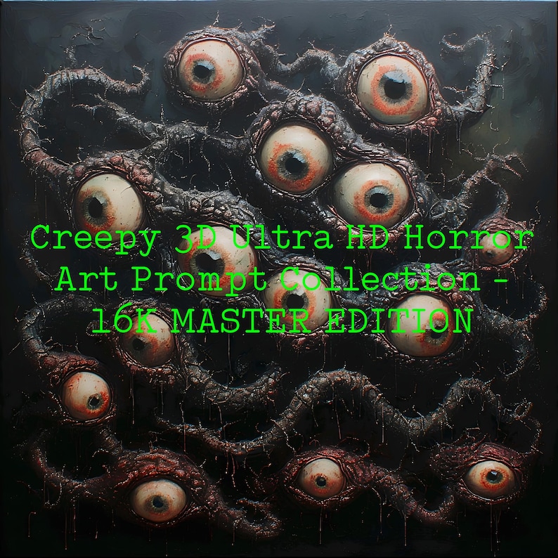 May include: A dark, textured artwork featuring multiple grotesque, bloodshot eyes with detailed veins and dark, organic tendrils. The green text reads "Creepy 3D Ultra HD Horror Art Prompt Collection - 16K MASTER EDITION."