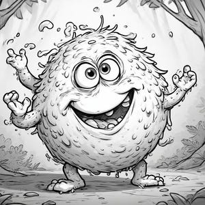 Op de afbeelding: Zwart-wit illustratie van een cartoonmonster met een brede grijns, grote ogen en kleine ledematen. Het harige monster bevindt zich in een boslandschap. De afbeelding is een lijntekening.