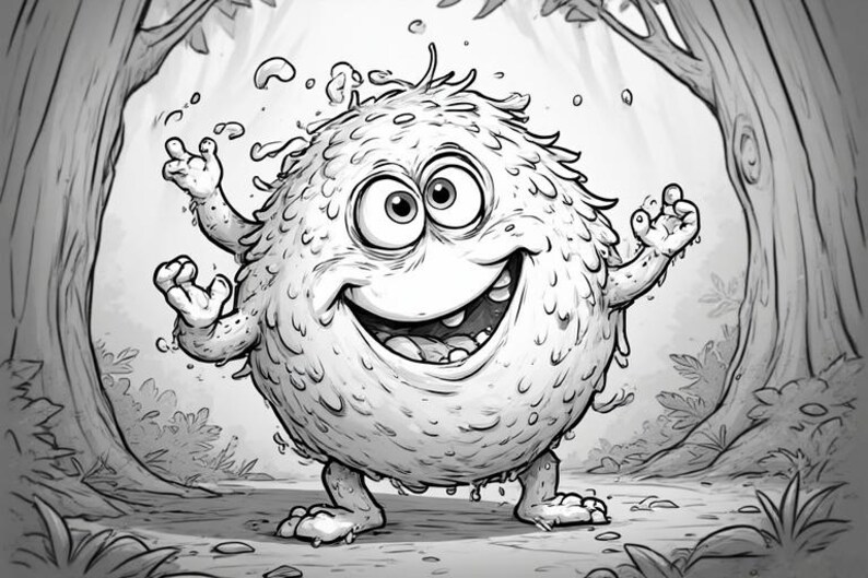 Op de afbeelding: Zwart-wit illustratie van een cartoonmonster met een brede grijns, grote ogen en kleine ledematen. Het harige monster bevindt zich in een boslandschap. De afbeelding is een lijntekening.