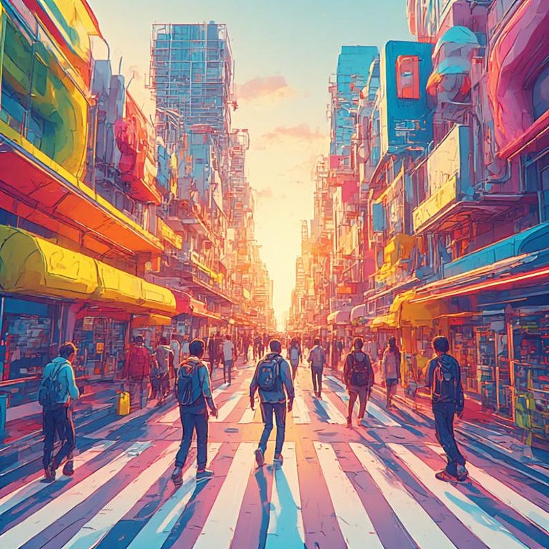May include: An artistic depiction of a bustling city street scene. The image features a vibrant color palette with a focus on warm tones. People are walking on a crosswalk, with tall buildings lining the street. The sky is a gradient of orange and blue.