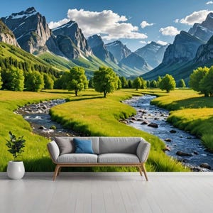 May include: A scenic landscape mural depicting a winding river flowing through a lush green valley surrounded by majestic mountains. The sky is a vibrant blue with fluffy white clouds.