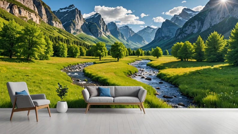 May include: A scenic landscape mural depicting a winding river flowing through a lush green valley surrounded by majestic mountains. The sky is a vibrant blue with fluffy white clouds.