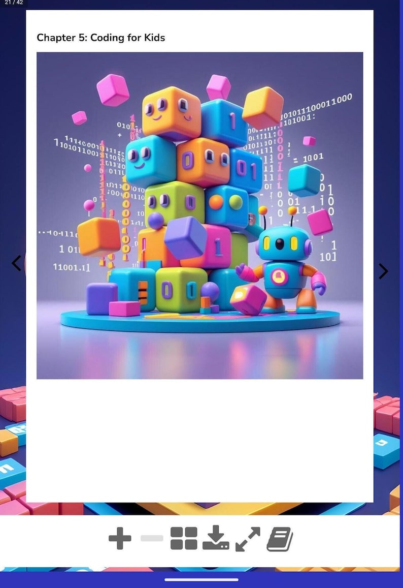 Pode incluir: Uma pilha de cubos coloridos com rostos e n&uacute;meros, ao lado de um pequeno rob&ocirc; azul e laranja em uma base circular, cercado por c&oacute;digo bin&aacute;rio flutuante e o texto Chapter 5: Coding for Kids no topo da imagem.