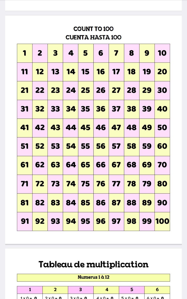 May include: A yellow and pink grid with the numbers 1 to 100 in black. The grid is labeled "Count to 100" and "Cuenta Hasta 100". Below the grid is a yellow and pink table labeled "Tableau de multiplication" and "Numerus 1 &agrave; 12". The table shows the multiplication tables for numbers 1 through 6.