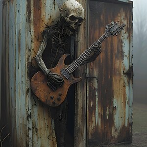 May include: A skeletal figure emerges from a weathered, rusty metal structure, holding a brown electric guitar. The scene is set outdoors with a foggy backdrop, creating a haunting and gothic atmosphere. The guitar has six strings and multiple knobs.