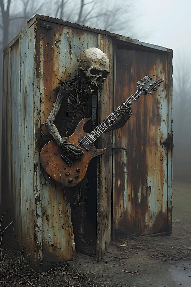 May include: A skeletal figure emerges from a weathered, rusty metal structure, holding a brown electric guitar. The scene is set outdoors with a foggy backdrop, creating a haunting and gothic atmosphere. The guitar has six strings and multiple knobs.