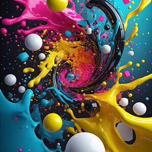 Pu&ograve; includere: Opera d'arte digitale astratta con una composizione dinamica di colori vivaci. Schizzi di vernice rosa, gialla e blu turbinano attorno a sfere nere, bianche e gialle, creando un design visivamente sorprendente ed energico.