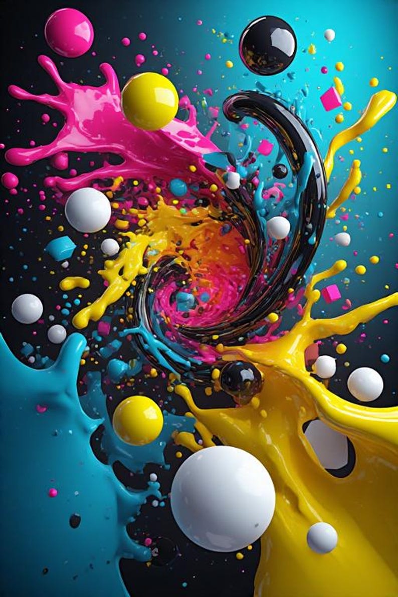 Pu&ograve; includere: Opera d'arte digitale astratta con una composizione dinamica di colori vivaci. Schizzi di vernice rosa, gialla e blu turbinano attorno a sfere nere, bianche e gialle, creando un design visivamente sorprendente ed energico.