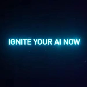 Op de afbeelding: Een donkerblauwe achtergrond met de tekst "IGNITE YOUR AI NOW" in heldere, gloeiende cyaan gekleurde letters. De tekst is gecentreerd en lijkt een oproep tot actie te zijn.