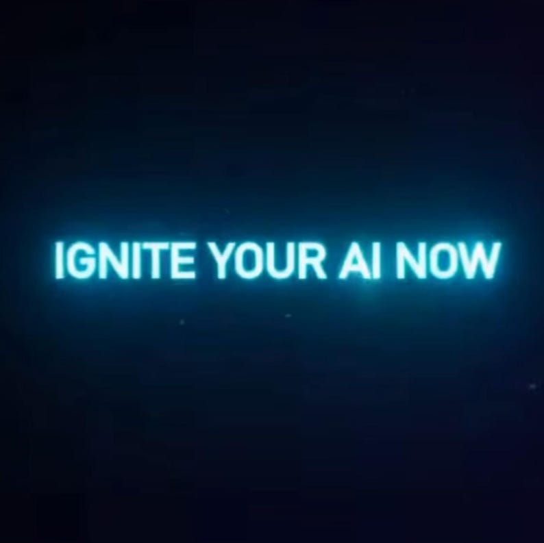 Op de afbeelding: Een donkerblauwe achtergrond met de tekst "IGNITE YOUR AI NOW" in heldere, gloeiende cyaan gekleurde letters. De tekst is gecentreerd en lijkt een oproep tot actie te zijn.
