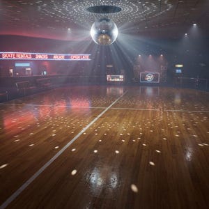 May include: A polished wooden roller skating rink floor with a large silver disco ball hanging from the ceiling, casting light reflections. The room features rows of benches, a snack bar with neon signs reading SKATE RENTALS, SNACKS, ARCADE, OPEN LATE.