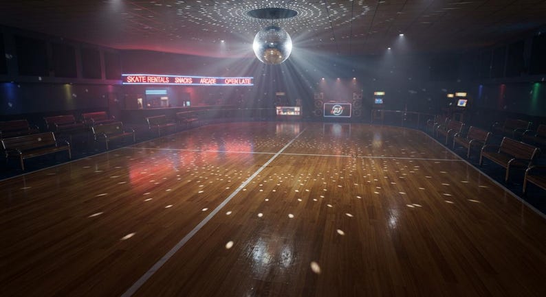 May include: A polished wooden roller skating rink floor with a large silver disco ball hanging from the ceiling, casting light reflections. The room features rows of benches, a snack bar with neon signs reading SKATE RENTALS, SNACKS, ARCADE, OPEN LATE.