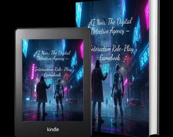 May include: A Kindle e-reader and a hardcover book titled "AI Noir: The Digital Detective Agency - Interactive Role-Play Gamebook." The cover art features a futuristic cityscape with figures in trench coats and neon signs. The Kindle displays the same cover art.