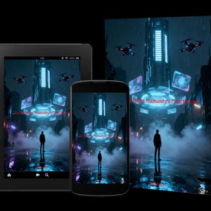 K&ouml;nnte beinhalten: Ein Buch, ein Tablet und ein Smartphone zeigen das Cover eines Science-Fiction-Romans. Das Cover-Artwork zeigt eine futuristische Stadtlandschaft mit Drohnen, einer einzelnen Figur und dem Titel "The Game: Humanity's Final Run".