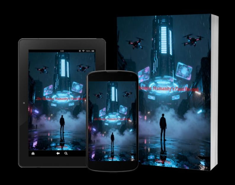 K&ouml;nnte beinhalten: Ein Buch, ein Tablet und ein Smartphone zeigen das Cover eines Science-Fiction-Romans. Das Cover-Artwork zeigt eine futuristische Stadtlandschaft mit Drohnen, einer einzelnen Figur und dem Titel "The Game: Humanity's Final Run".