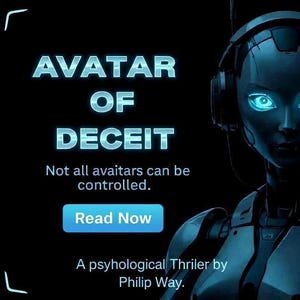 Op de afbeelding: Digitale afbeelding met de tekst "AVATAR OF DECEIT" en een futuristische robot met blauw oplichtende ogen. De tekst "Read Now" staat op een blauwe knop. De afbeelding promoot een psychologische thriller van Philip Way.
