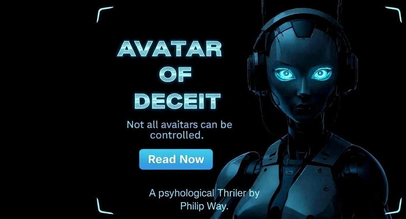 Op de afbeelding: Digitale afbeelding met de tekst "AVATAR OF DECEIT" en een futuristische robot met blauw oplichtende ogen. De tekst "Read Now" staat op een blauwe knop. De afbeelding promoot een psychologische thriller van Philip Way.