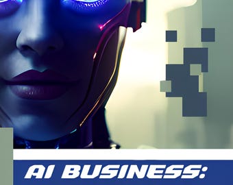 May include: A futuristic image of a robotic face with glowing blue eyes and a blue and purple color scheme. The image includes the text "AI BUSINESS: AUTOMATE WITH A DIGITAL TWIN" and "By: Philip Way".