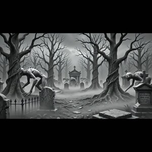 May include: A black and white digital illustration of a graveyard scene featuring gnarled, leafless trees, weathered tombstones, and a central stone mausoleum. Two pale, hunched, skeletal creatures with sharp spines roam among the graves in fog.