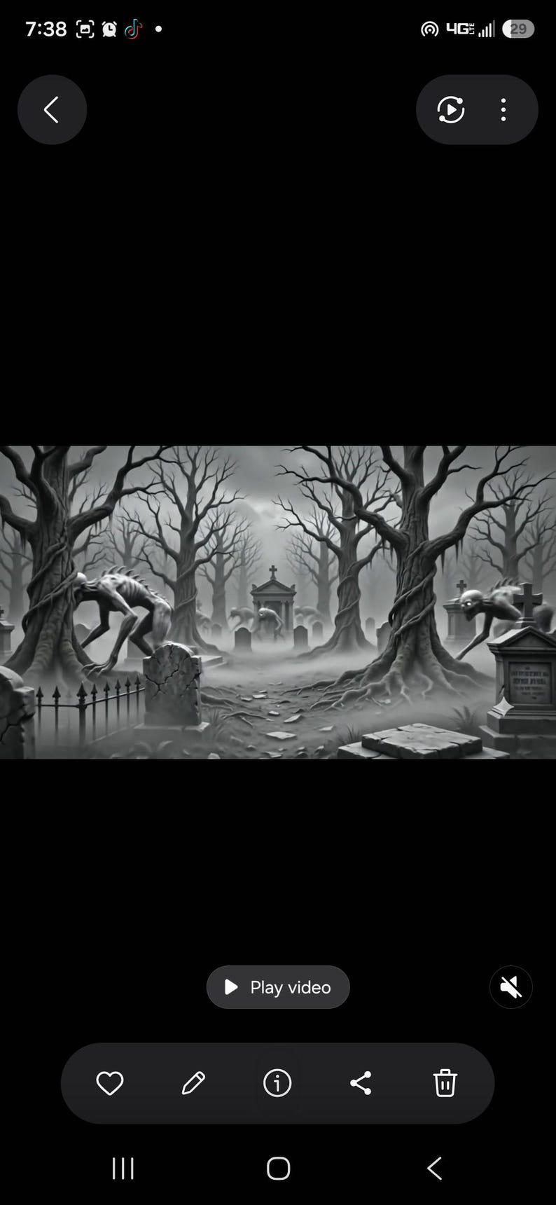 May include: A black and white digital illustration of a graveyard scene featuring gnarled, leafless trees, weathered tombstones, and a central stone mausoleum. Two pale, hunched, skeletal creatures with sharp spines roam among the graves in fog.