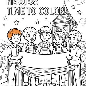 Puede incluir: Una portada de libro para colorear en blanco y negro titulada BLOCKVILLE HEROES: TIME TO COLOR! de Philip Way. Muestra a cinco ni&ntilde;os de pie alrededor de una mesa de madera sosteniendo un gran pergamino en blanco, con una torre de reloj al fondo.