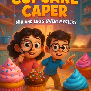 May include: A children's book cover titled "The Great Cupcake Caper: Mia and Leo's Sweet Mystery." The illustration features two children with cupcakes and a magnifying glass. Cupcakes have pink, brown, and blue frosting with colorful sprinkles.