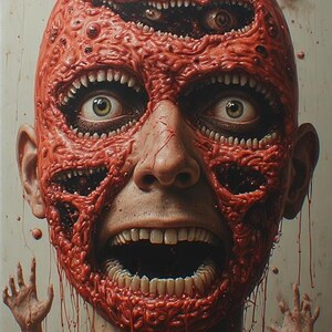 Puede incluir: Una obra de arte inquietante que representa un rostro humano con m&uacute;ltiples bocas y ojos, cubierto por una textura carnosa roja y grotesca. La imagen evoca una sensaci&oacute;n de horror y horror corporal, con una est&eacute;tica surrealista e inquietante.
