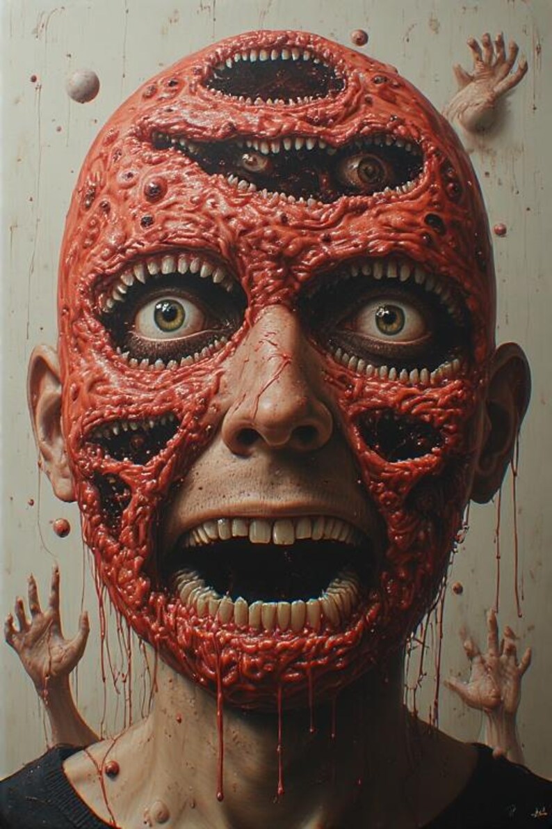 Puede incluir: Una obra de arte inquietante que representa un rostro humano con m&uacute;ltiples bocas y ojos, cubierto por una textura carnosa roja y grotesca. La imagen evoca una sensaci&oacute;n de horror y horror corporal, con una est&eacute;tica surrealista e inquietante.