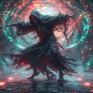 Puede incluir: Ilustraci&oacute;n digital de una figura esquel&eacute;tica con una capa con capucha, con los brazos extendidos, sobre un fondo arremolinado de luces rojas, turquesas y azules. La figura parece estar bailando o flotando en una escena c&oacute;smica.