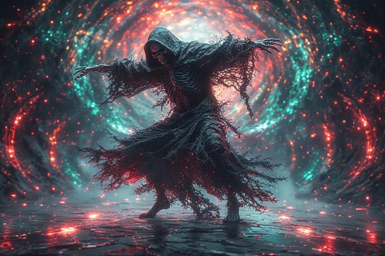 Puede incluir: Ilustraci&oacute;n digital de una figura esquel&eacute;tica con una capa con capucha, con los brazos extendidos, sobre un fondo arremolinado de luces rojas, turquesas y azules. La figura parece estar bailando o flotando en una escena c&oacute;smica.